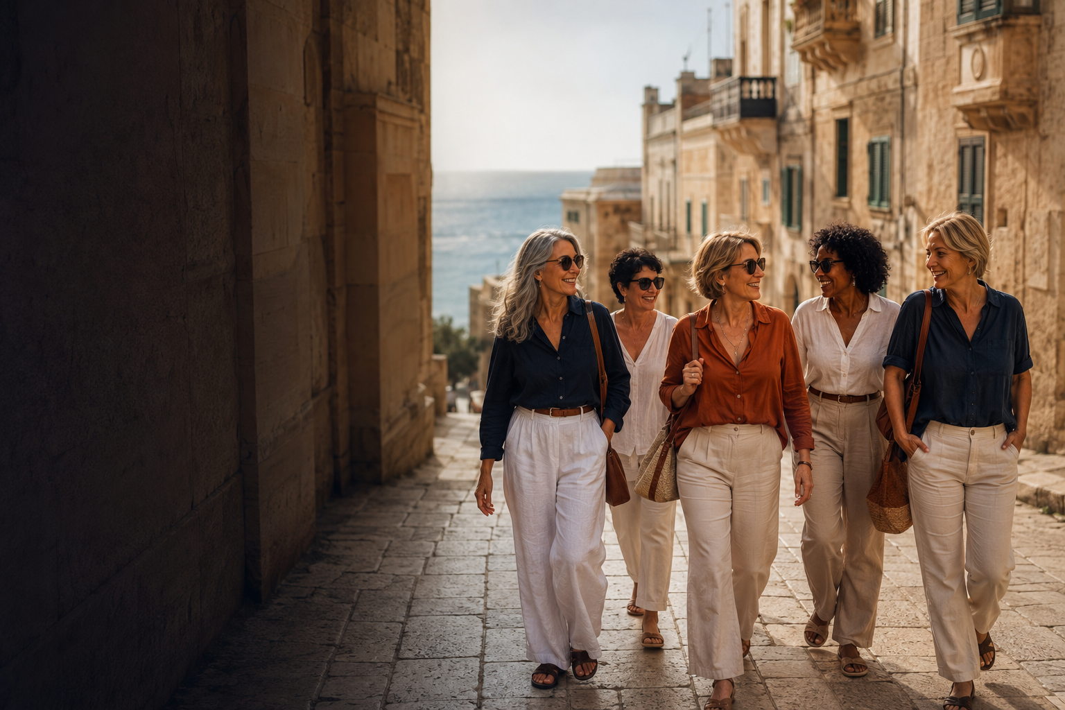 Grupo de mulheres maduras vivendo uma experiência cultural em Malta