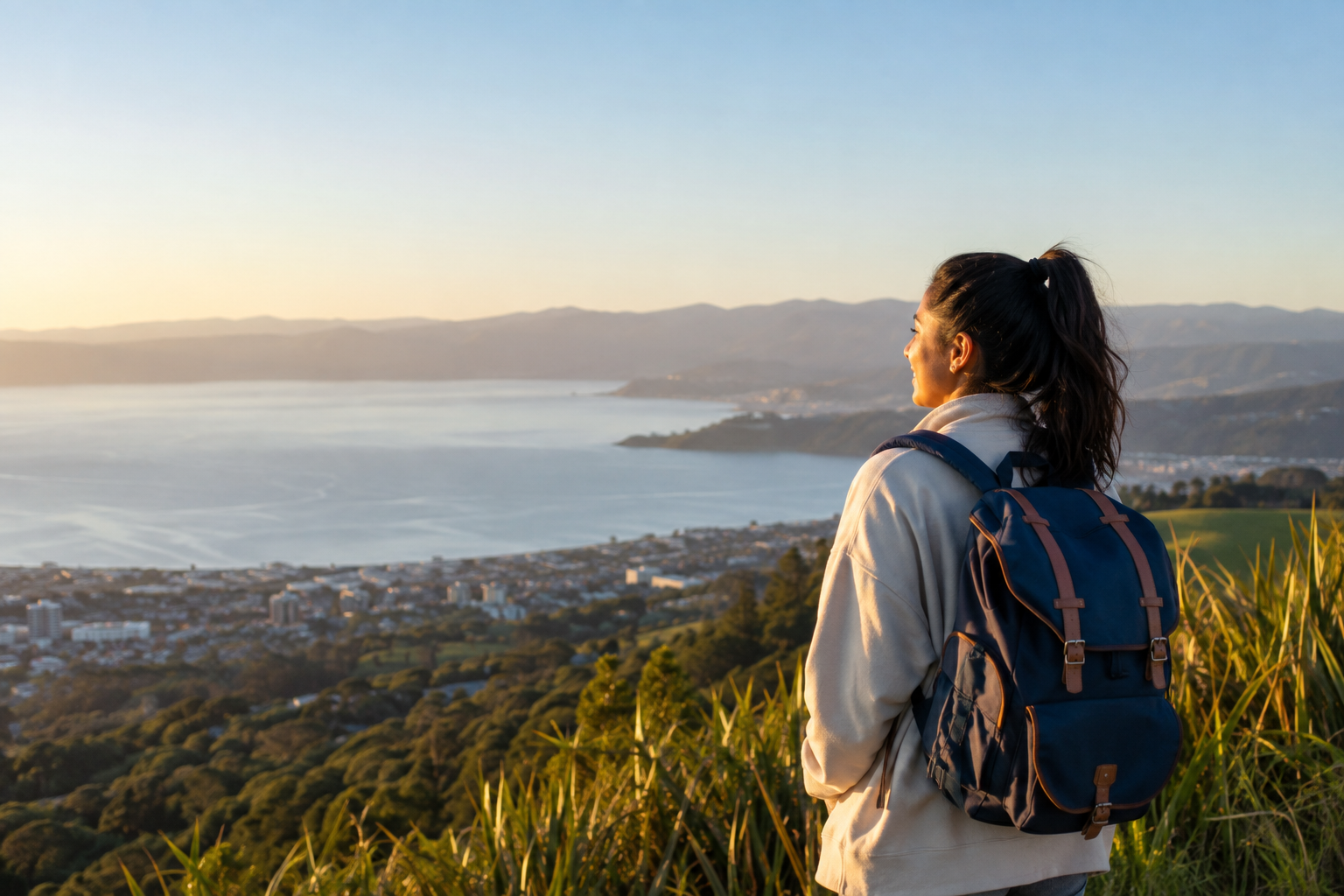 Estudante internacional contemplando uma paisagem na Nova Zelândia