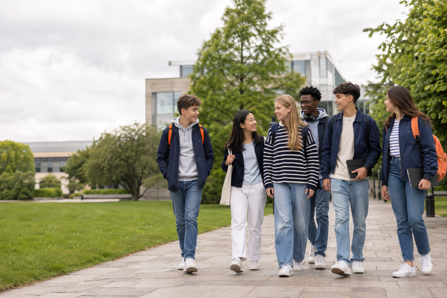 Grupo de adolescentes em um campus universitário na Irlanda